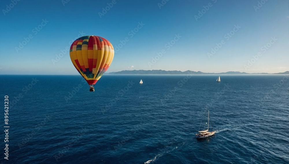 A hot air balloon with nautical designs gliding A hot air balloon with nautical designs gliding