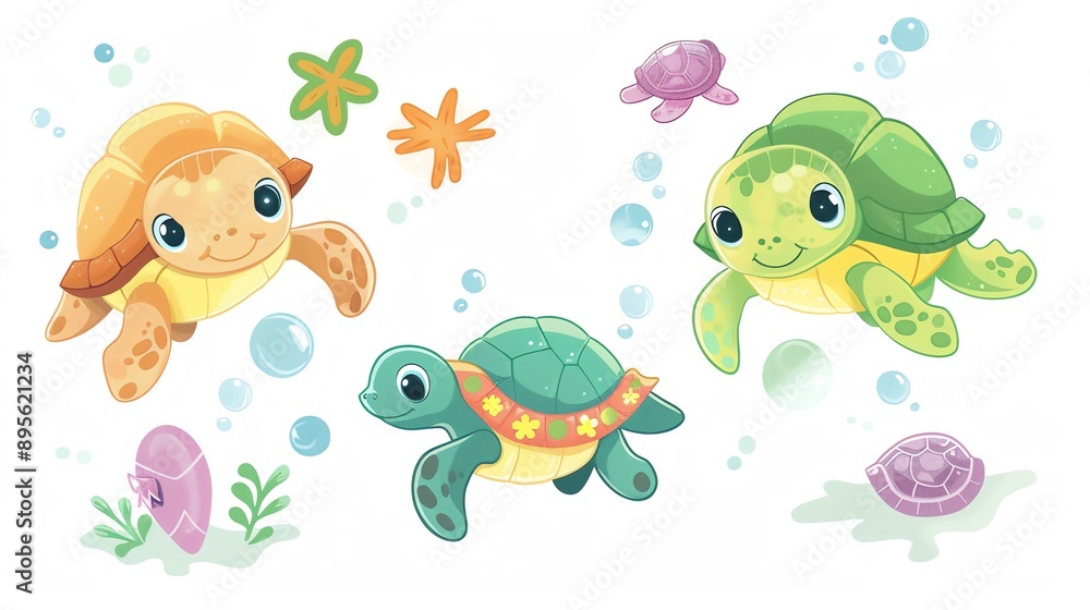 Obraz premium Create a clipart of a Turtle Treasures Baby turtles with decorated shellsin a kawaii style, simplified to feature fewer elements for a cleaner look, Use a color palette that is appealing to chi