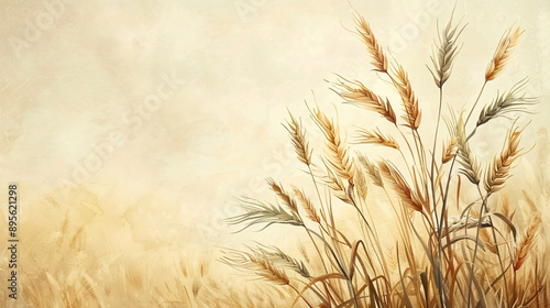 Biblical illustration of the parable of the weeds: wheat and weeds in a field growing together until harvest, beige background, copyspace. Suitable for religious events and illustrations.