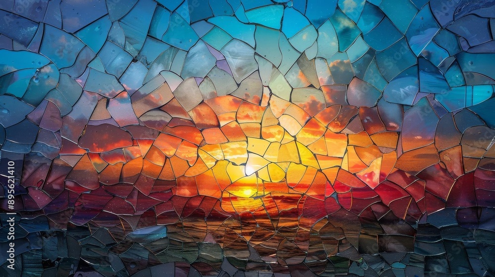A breathtaking sunset captured through the fragmented panes of broken glass A breathtaking sunset captured through the fragmented panes of broken glass