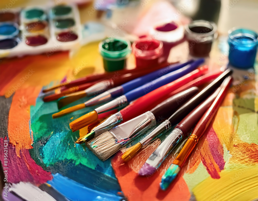 Close-up view of paint brushes and colorful supplies laid out on a table Close-up view of paint brushes and colorful supplies laid out on a table