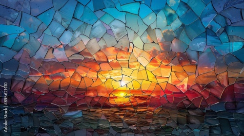 A breathtaking sunset captured through the fragmented panes of broken glass
