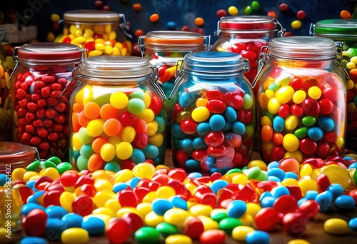 vibrant colorful candy jars overflowing assorted sweets delightful display treats, colors, variety, confectionery, container, fun, bright, chewy, lollipop