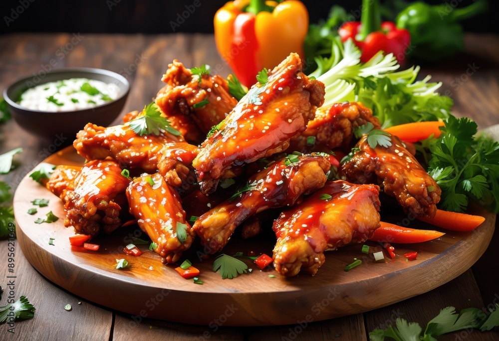 crispy spicy chicken wings glazed sauce fresh vegetables plate garnished herbs, appetizer, barbecue, baked, chili, cooking, crunchy, delicious, dip, dish crispy spicy chicken wings glazed sauce fresh vegetables plate garnished herbs, appetizer, barbecue, baked, chili, cooking, crunchy, delicious, dip, dish