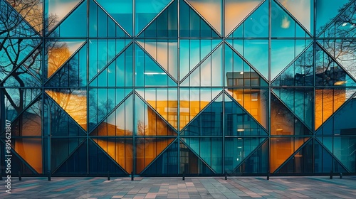 An eyecatching image of a buildings exterior with a unique geometric pattern The facade consists of bluetinted glass panels arranged in a repetitive photo