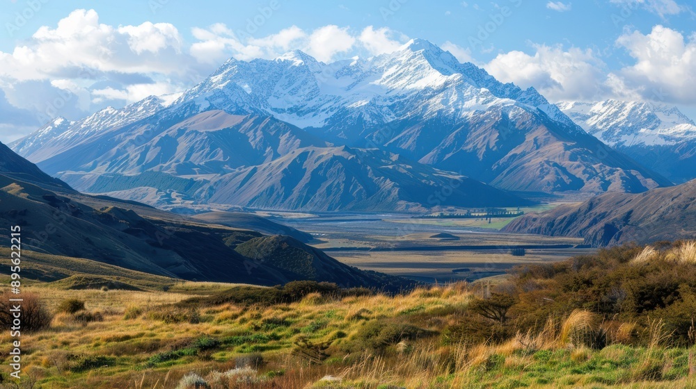 A snowcapped mountain range looms over a green valley with a winding river flowing through it A snowcapped mountain range looms over a green valley with a winding river flowing through it