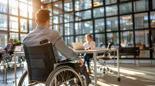 A person in a wheelchair participating in a roundtable discussion with coworkers in a bright, airy office.