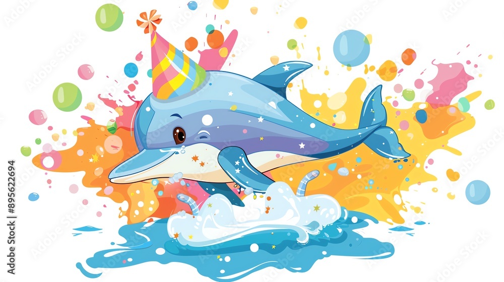 Naklejka premium Create a clipart of a Birthday dolphin with a splashin a kawaii style, simplified to feature fewer elements for a cleaner look, Use a color palette that is appealing to children, with bright an