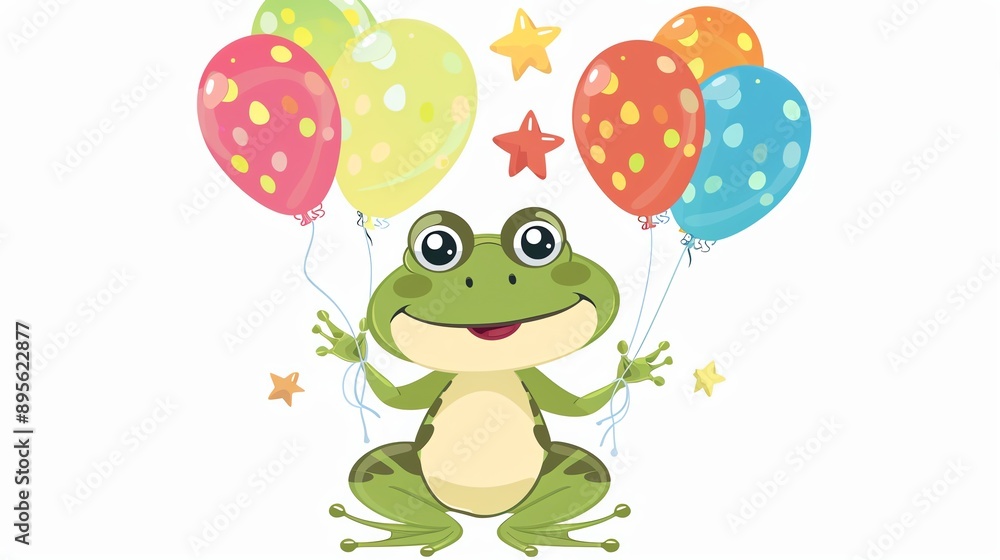 Obraz premium Create a clipart of a Frog with birthday balloonsin a kawaii style, simplified to feature fewer elements for a cleaner look, Use a color palette that is appealing to children, with bright and c