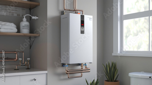 Modern tankless water heater installed in a bright, clean utility room.