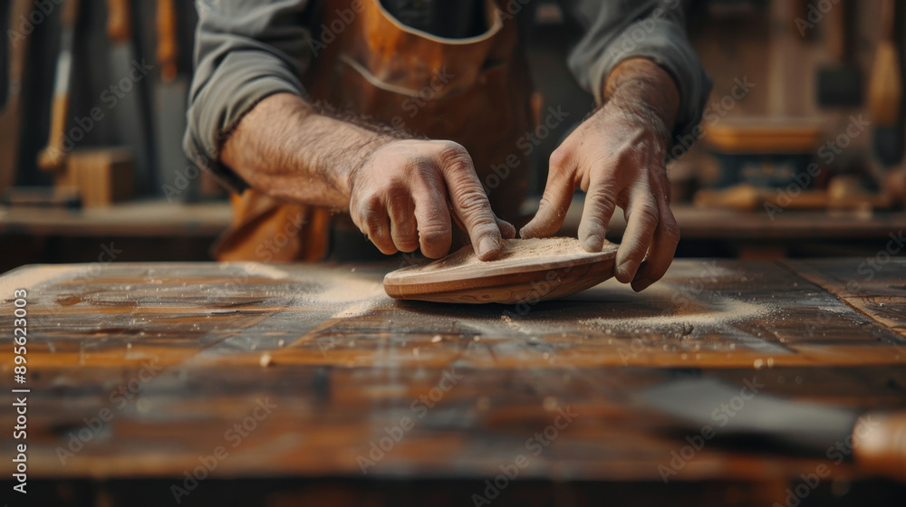 A skilled male carpenter sanding a wooden surface to achieve a smooth finish in his woodworking studio. A skilled male carpenter sanding a wooden surface to achieve a smooth finish in his woodworking studio.