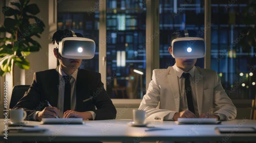 Two professionals in suits sit at a conference table, immersed in a virtual reality exploration with VR headsets. Two professionals in suits sit at a conference table, immersed in a virtual reality exploration with VR headsets.