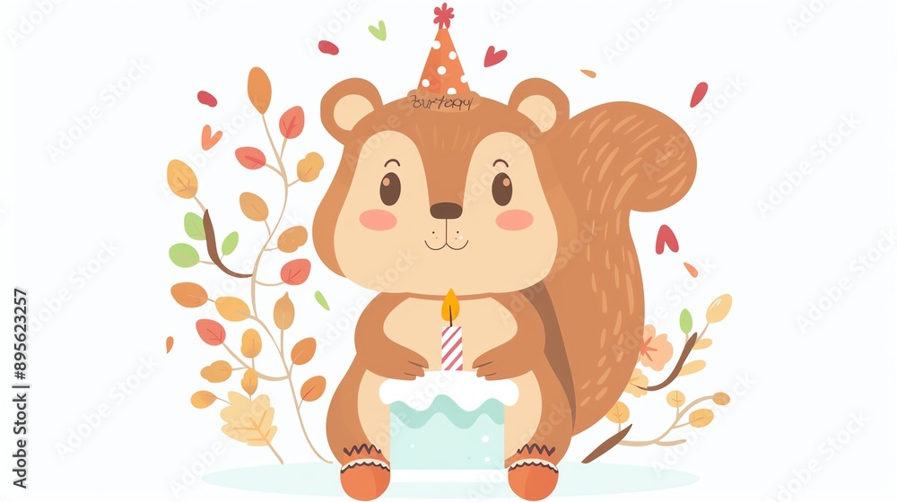 Create a clipart of a Birthday squirrel with acornsin a kawaii style, simplified to feature fewer elements for a cleaner look, Use a color palette that is appealing to children, with bright and Create a clipart of a Birthday squirrel with acornsin a kawaii style, simplified to feature fewer elements for a cleaner look, Use a color palette that is appealing to children, with bright and