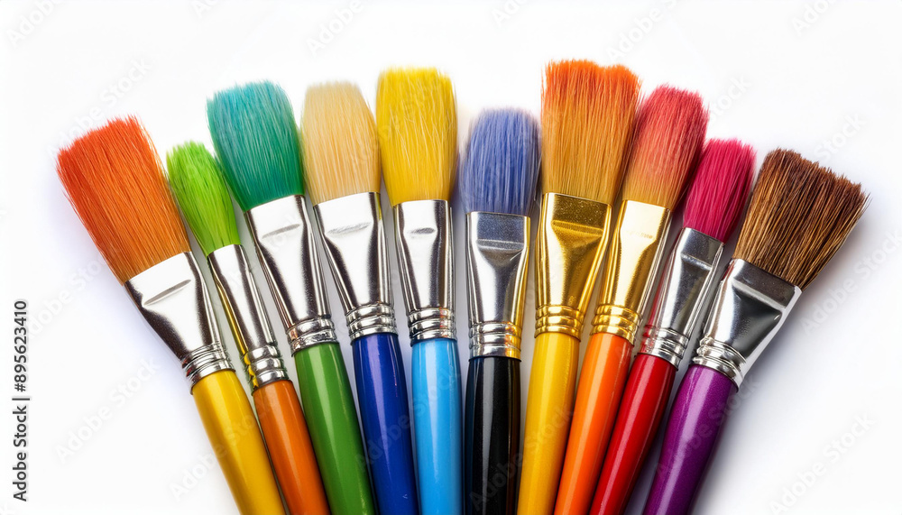 Fototapeta premium A set of colorful paintbrushes, isolated on a white background, showcasing their vibrant and varied bristles.