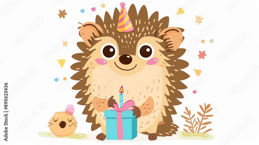 Create a clipart of a Hedgehog with a birthday presentin a kawaii style, simplified to feature fewer elements for a cleaner look, Use a color palette that is appealing to children, with bright Create a clipart of a Hedgehog with a birthday presentin a kawaii style, simplified to feature fewer elements for a cleaner look, Use a color palette that is appealing to children, with bright