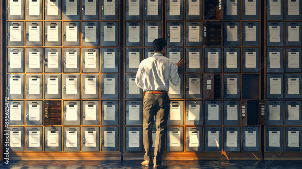 A man standing in front of neatly arranged file cabinets, browsing through the folders, illuminated by natural light. A man standing in front of neatly arranged file cabinets, browsing through the folders, illuminated by natural light.