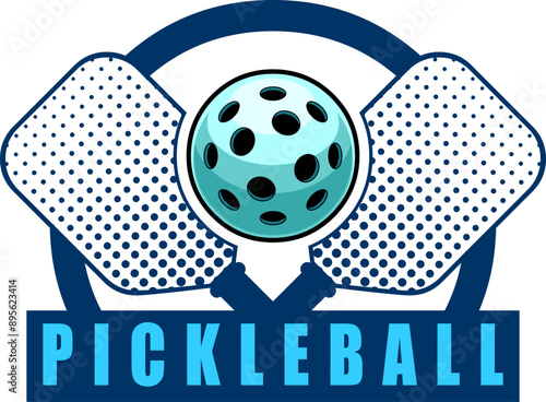 PickleBall Graphic Design Logo With Crossed Paddles And Ball. Vector Hand Drawn Illustration Isolated On Transparent Background