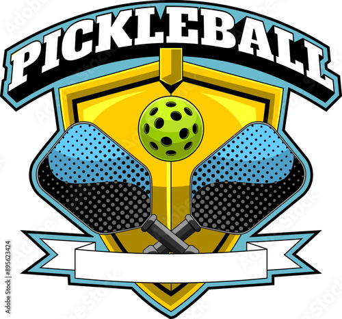 PickleBall Graphic Design Logo With Crossed Paddles And Ball. Vector Hand Drawn Illustration Isolated On Transparent Background