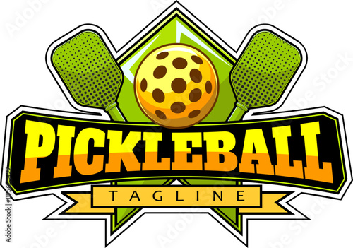 PickleBall Graphic Design Logo With Crossed Paddles And Ball. Vector Hand Drawn Illustration Isolated On Transparent Background