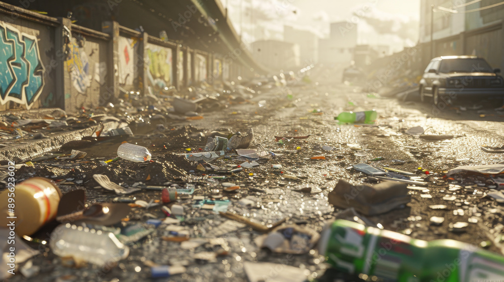 An urban street littered with trash and debris under a golden sunset ...