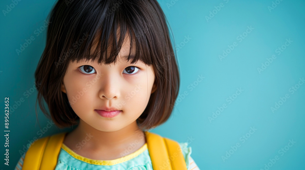 Asian schoolgirl with short hair and a yellow backpack against blue background. School, education concept. Copy space. Asian schoolgirl with short hair and a yellow backpack against blue background. School, education concept. Copy space.
