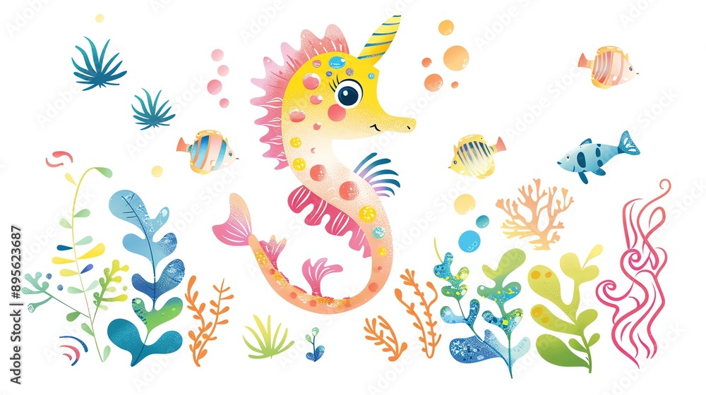 Create a clipart of a Birthday seahorse with underwater funin a kawaii style, simplified to feature fewer elements for a cleaner look, Use a color palette that is appealing to children, with br Create a clipart of a Birthday seahorse with underwater funin a kawaii style, simplified to feature fewer elements for a cleaner look, Use a color palette that is appealing to children, with br