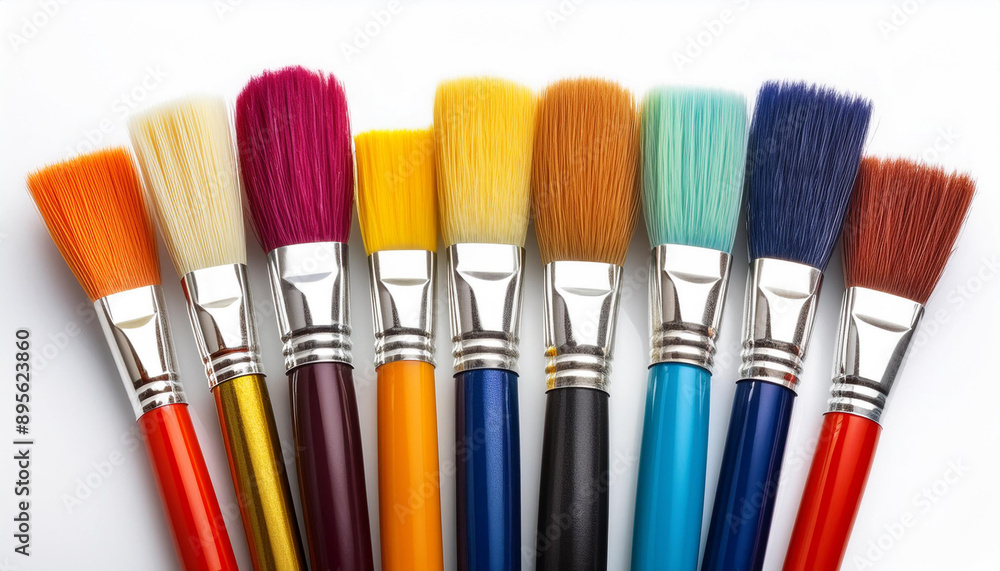 A set of colorful paintbrushes, isolated on a white background, showcasing their vibrant and varied bristles. A set of colorful paintbrushes, isolated on a white background, showcasing their vibrant and varied bristles.