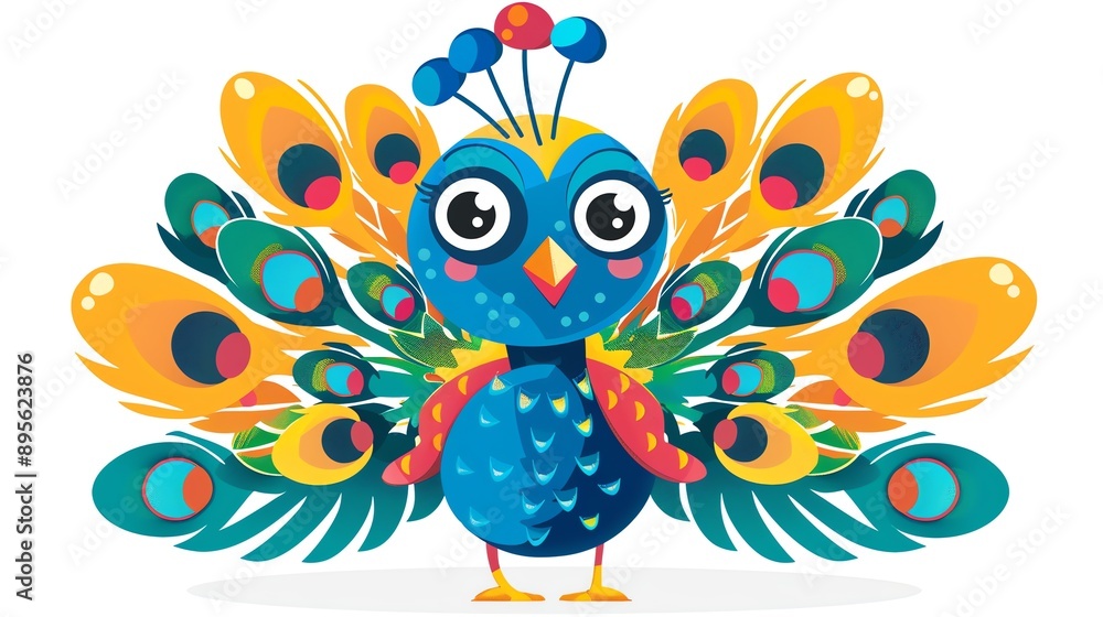 Obraz premium Create a clipart of a Peacock with birthday feathersin a kawaii style, simplified to feature fewer elements for a cleaner look, Use a color palette that is appealing to children, with bright an