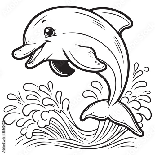 A happy dolphin jumping out of the water black outlie coloring book photo