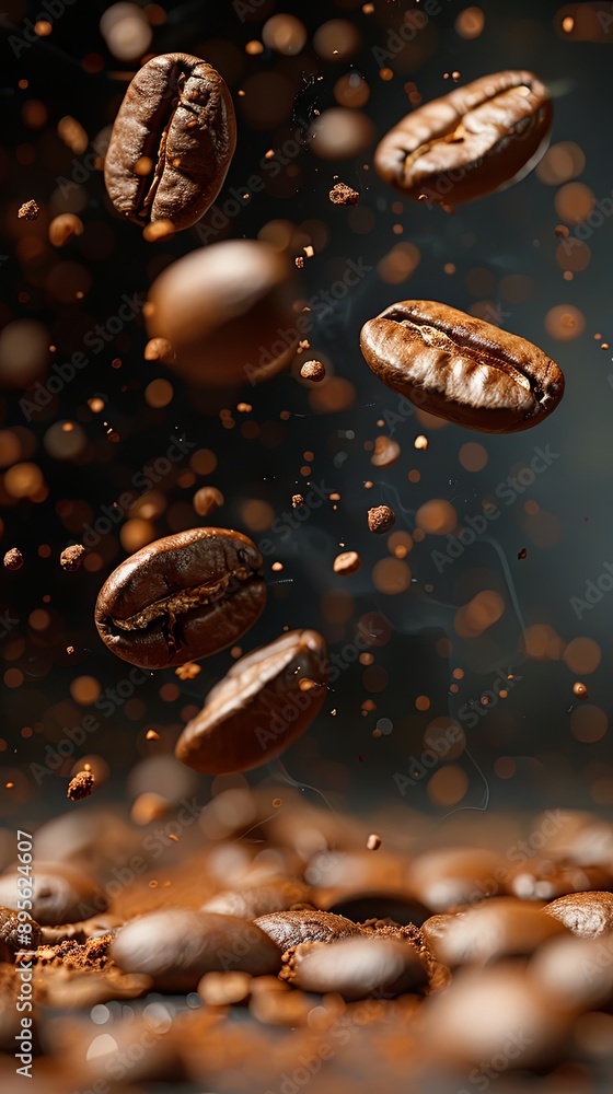 Coffee beans falling on a pile symbolizing breakfast, energy, freshness, and great aroma on a dark background with copy space image in a close-up shot Coffee beans falling on a pile symbolizing breakfast, energy, freshness, and great aroma on a dark background with copy space image in a close-up shot