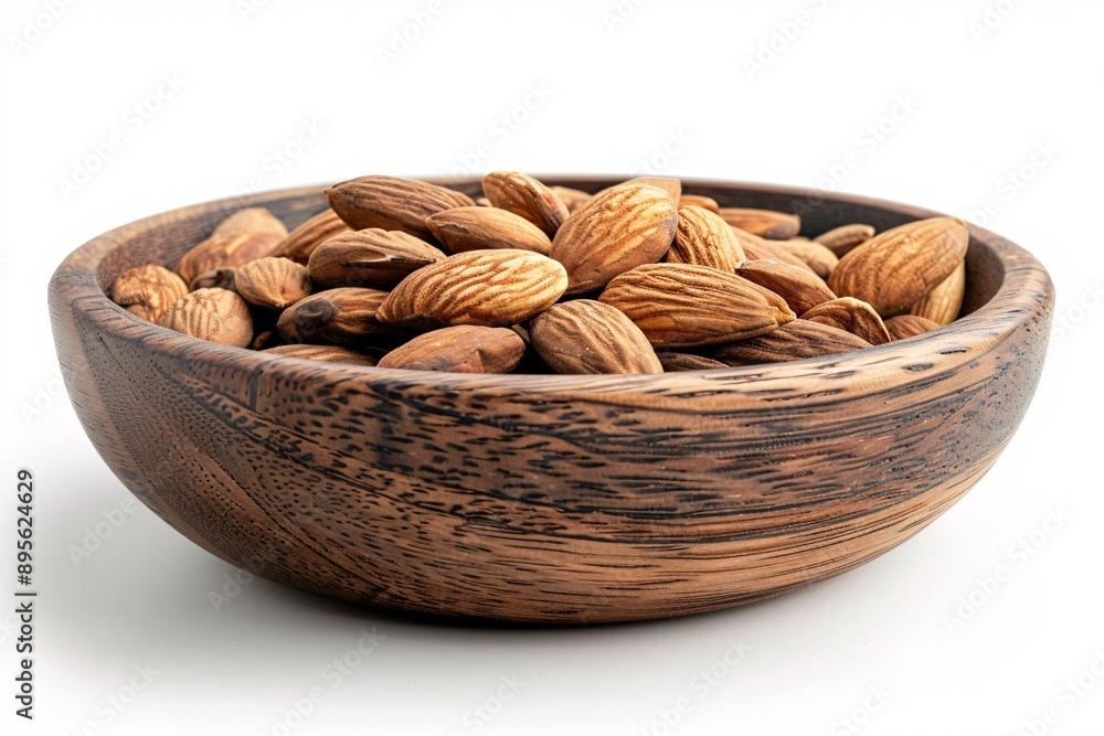 Raw almonds in a rustic wooden bowl on a plain white background. Raw almonds in a rustic wooden bowl on a plain white background.