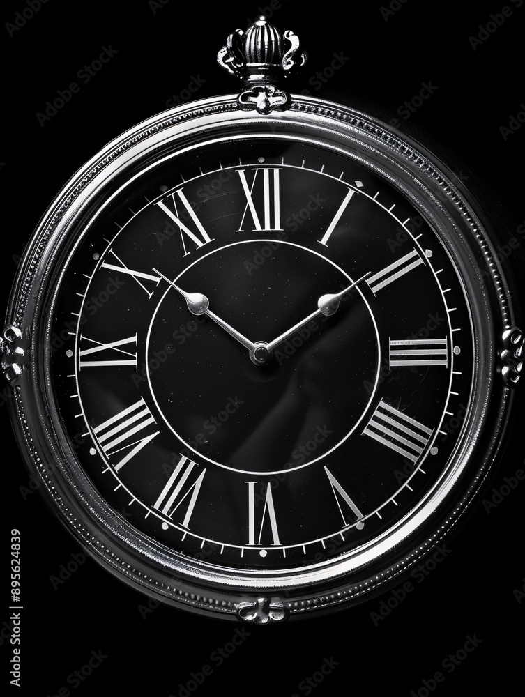 Circular clock design featuring Roman numerals. Circular clock design featuring Roman numerals.