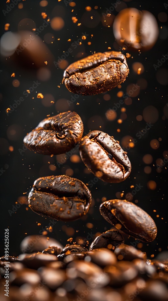 Coffee beans falling on a pile symbolizing breakfast, energy, freshness, and great aroma on a dark background with copy space image in a close-up shot Coffee beans falling on a pile symbolizing breakfast, energy, freshness, and great aroma on a dark background with copy space image in a close-up shot