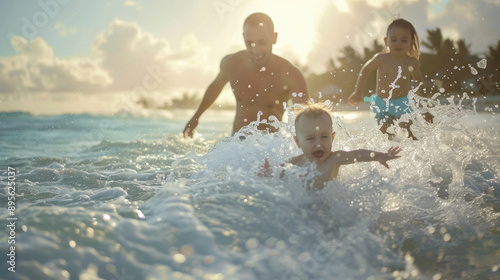 A joyful moment captured as a family with young children plays in the ocean waves, demonstrating excitement, bonding, and fun under the sun.