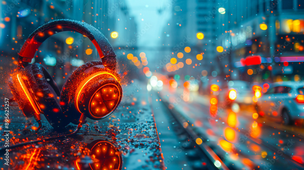 Headphones resting on a rain soaked surface with city lights reflecting in the background Headphones resting on a rain soaked surface with city lights reflecting in the background