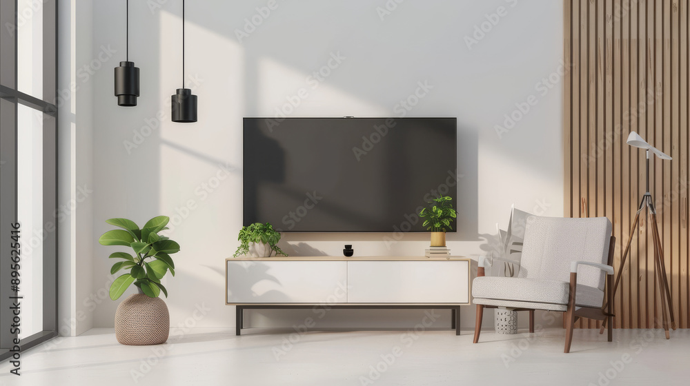 A minimalist, modern living room with clean lines, featuring a TV, armchair, potted plants, and wooden accents bathed in natural light. A minimalist, modern living room with clean lines, featuring a TV, armchair, potted plants, and wooden accents bathed in natural light.