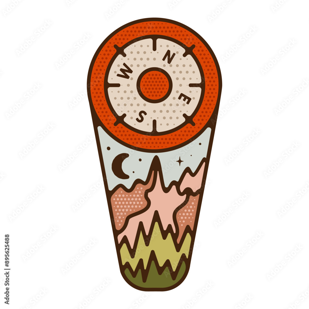 Outdoor adventure badge. Camping adventure label in retro style. Mountain logo graphics for t-shirt. Stock vector artwork with compass Outdoor adventure badge. Camping adventure label in retro style. Mountain logo graphics for t-shirt. Stock vector artwork with compass