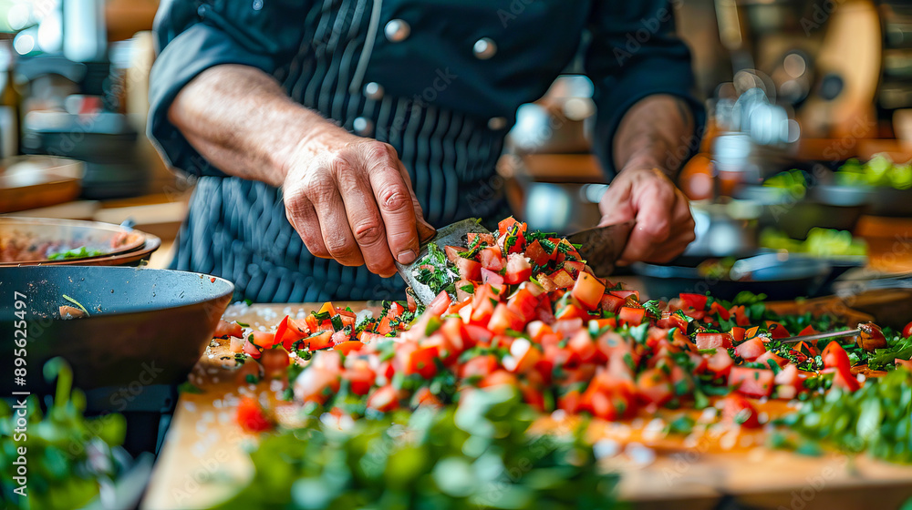Chef preparing a fresh and healthy tomato salad in a restaurant kitchen Chef preparing a fresh and healthy tomato salad in a restaurant kitchen