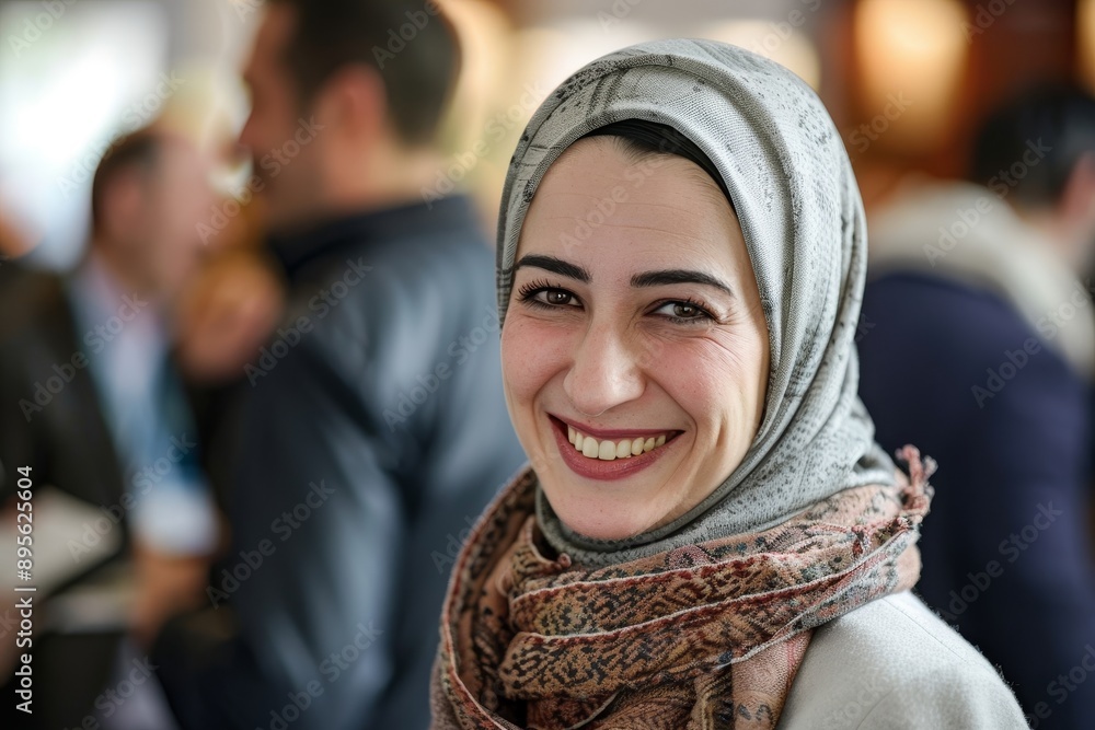 Behind her is a Muslim businesswoman in hijab attending a conference with colleagues Behind her is a Muslim businesswoman in hijab attending a conference with colleagues