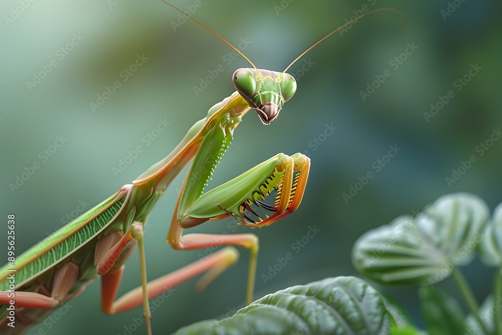 Vigilant Green Mantis Insect Resting on Leaf in Nature Macro Closeup Vigilant Green Mantis Insect Resting on Leaf in Nature Macro Closeup
