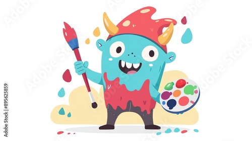 Create a vector clipart of a Monster Artist Holding a paintbrush and palettein a kawaii style, simplified to feature fewer elements for a cleaner look, Use a color palette that is appealing to childre photo