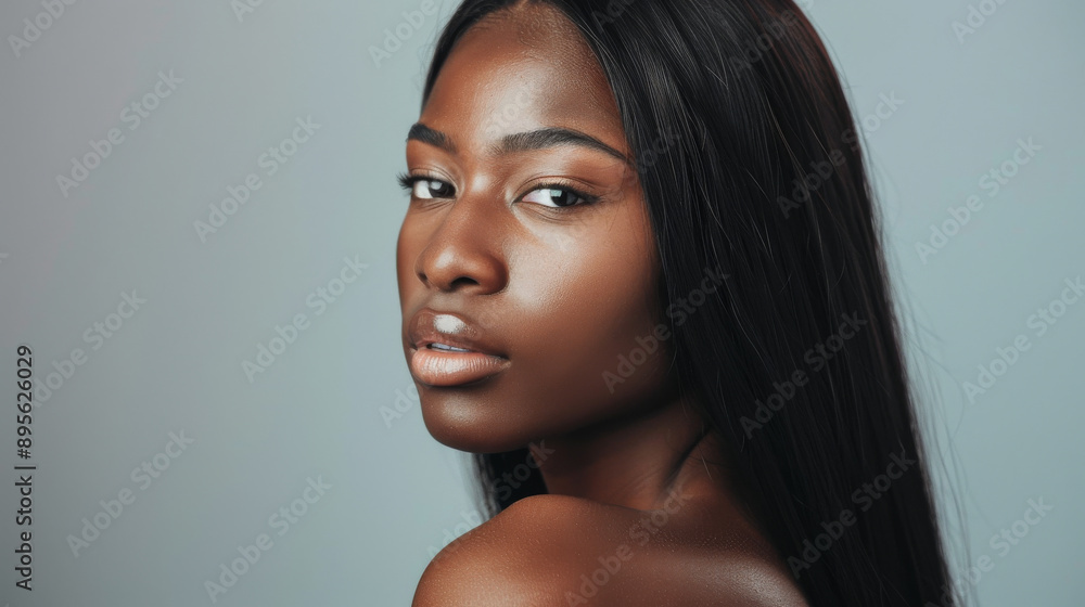 Close-up portrait of a young woman with long straight hair, gazing intently, showcasing smooth skin and striking features against a neutral background. Close-up portrait of a young woman with long straight hair, gazing intently, showcasing smooth skin and striking features against a neutral background.