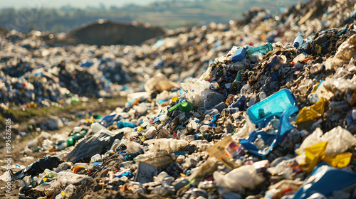 Trash pollution background for a presentation or an advertisement. Big pile of trashes against the sky. photo