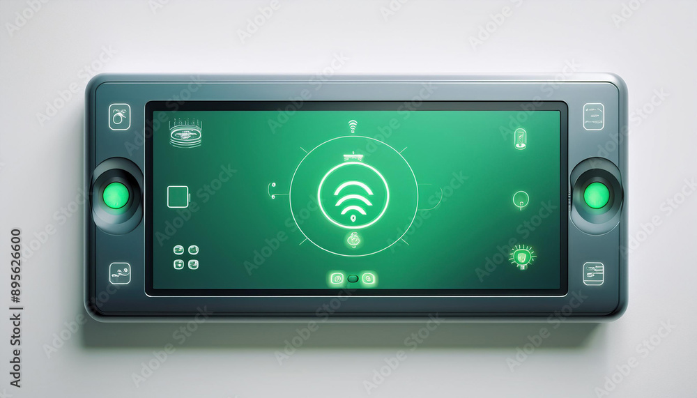A smart home control panel with a green screen, isolated on a white background, ideal for home automation app mockups. A smart home control panel with a green screen, isolated on a white background, ideal for home automation app mockups.
