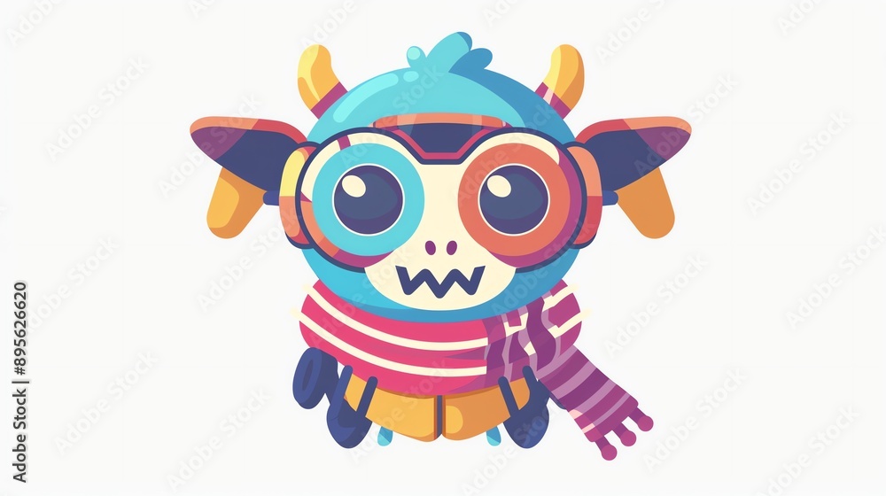 Create a clipart of a Monster Pilot Aviator goggles and scarfin a kawaii style, simplified to feature fewer elements for a cleaner look, Use a color palette that is appealing to children, with Create a clipart of a Monster Pilot Aviator goggles and scarfin a kawaii style, simplified to feature fewer elements for a cleaner look, Use a color palette that is appealing to children, with