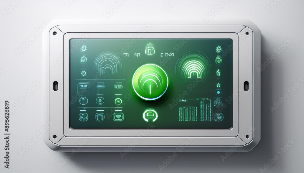 A smart home control panel with a green screen, isolated on a white background, ideal for home automation app mockups. A smart home control panel with a green screen, isolated on a white background, ideal for home automation app mockups.