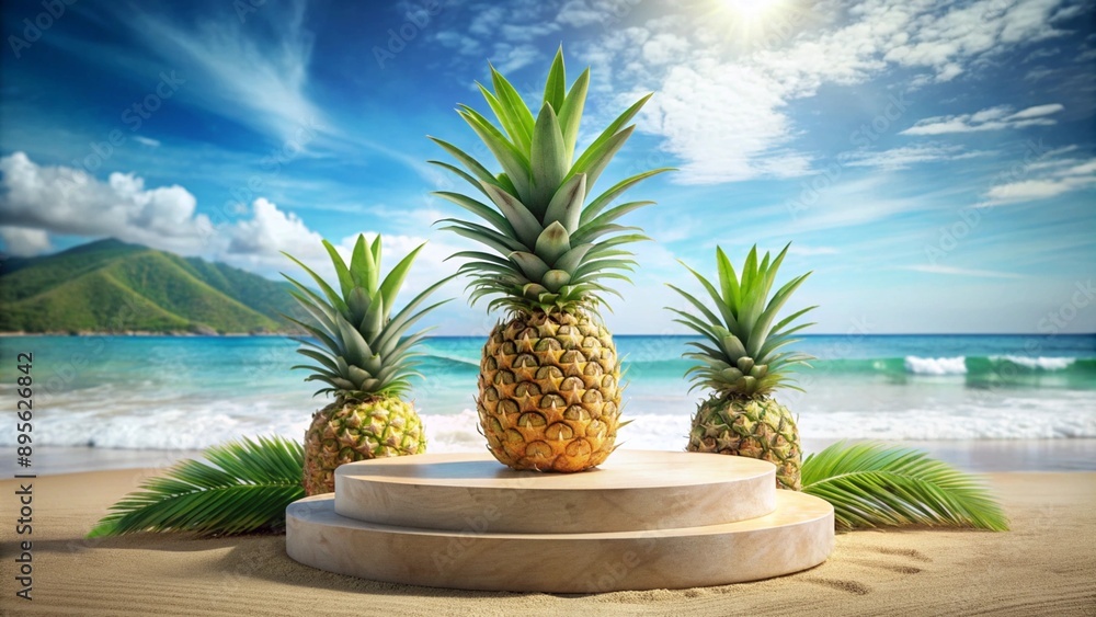 A tropical pineapple podium with a backdrop of a sunny beach scene, emphasizing exotic allure and natural ingredients for a cosmetic display. A tropical pineapple podium with a backdrop of a sunny beach scene, emphasizing exotic allure and natural ingredients for a cosmetic display.