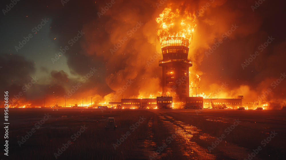 Obraz premium on the left of the screen is an air traffic control tower of a regional airport that's on fire at night,generative ai