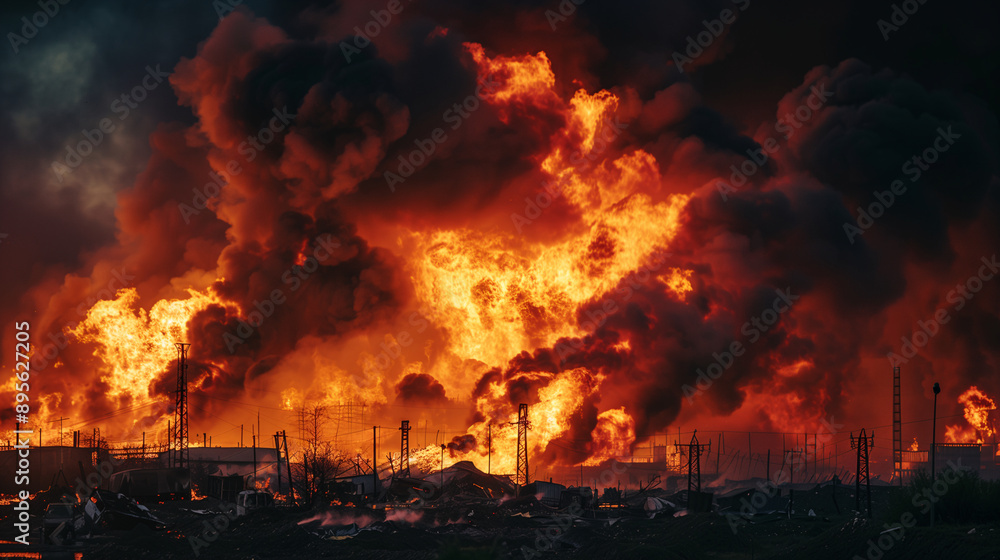 Fire pollution background for a presentation or an advertisement. A town is on fire; a big explosion and smoke covers the whole area. Fire pollution background for a presentation or an advertisement. A town is on fire; a big explosion and smoke covers the whole area.