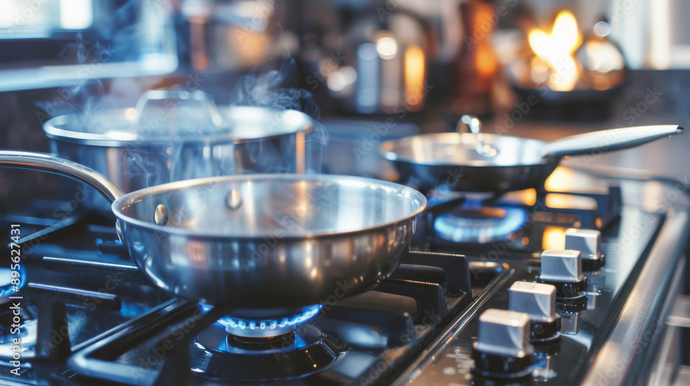 Multiple stainless steel pans simmering on a gas stove with blue flames in a modern kitchen setting. Multiple stainless steel pans simmering on a gas stove with blue flames in a modern kitchen setting.
